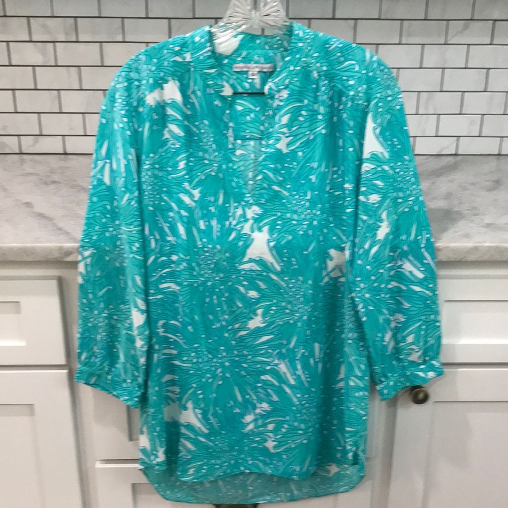 Amanda Uprichard Silk Tunic Top Womens Small Blue Teal USA Blouse Quiet Luxury